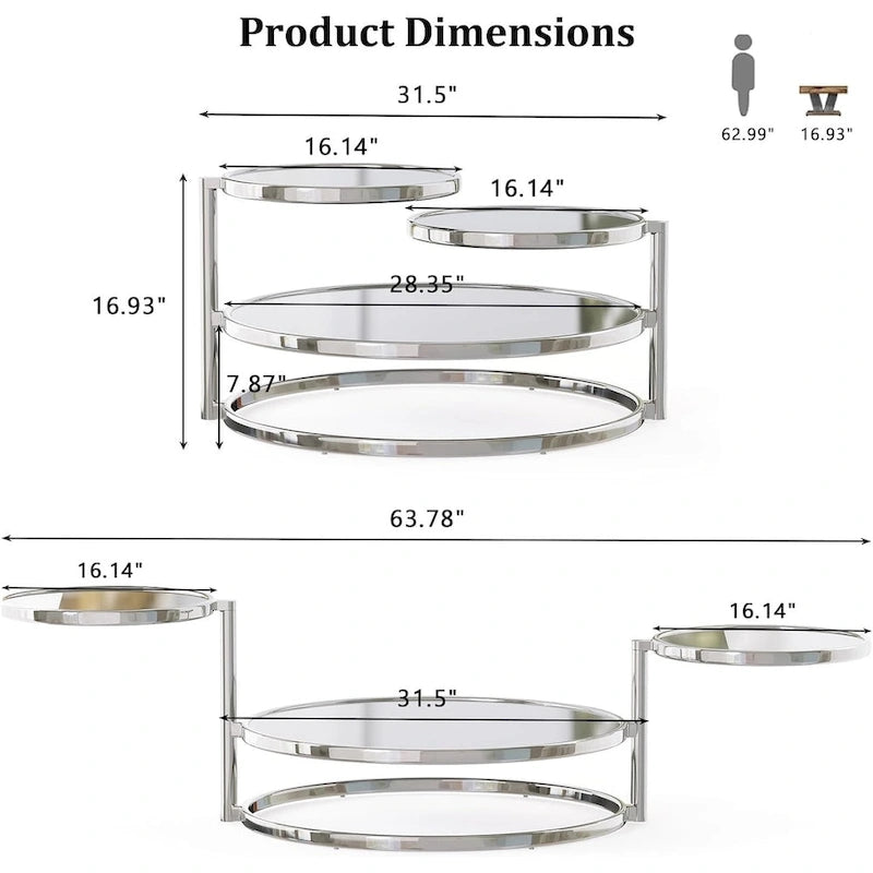 Table basse ronde en verre à 3 niveaux avec plateau rotatif à 360 degrés