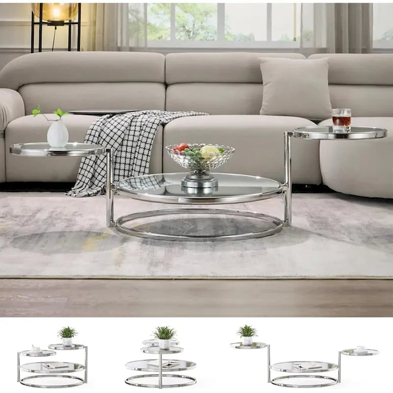 Table basse ronde en verre à 3 niveaux avec plateau rotatif à 360 degrés
