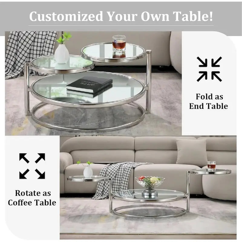 Table basse ronde en verre à 3 niveaux avec plateau rotatif à 360 degrés