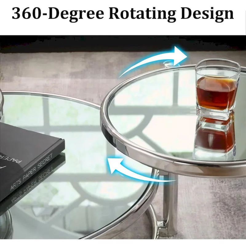 Table basse ronde en verre à 3 niveaux avec plateau rotatif à 360 degrés