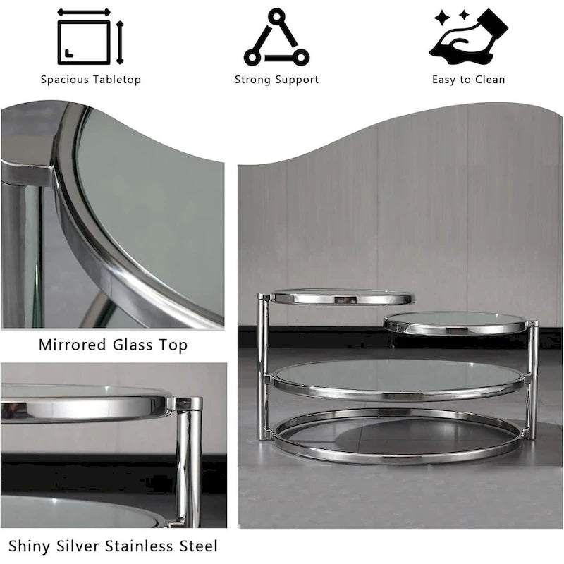 Table basse ronde en verre à 3 niveaux avec plateau rotatif à 360 degrés