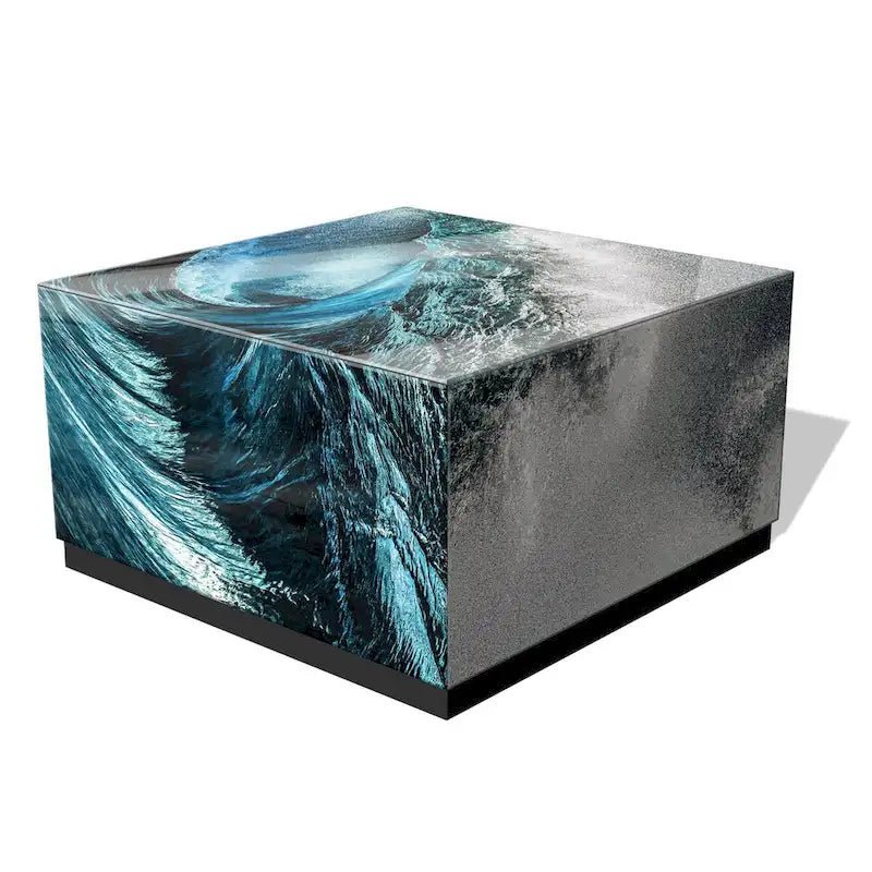 Table basse en verre artistique biseauté à impression inversée Saphir Océan avec piètement plinthe noir