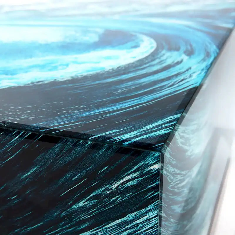 Table basse en verre artistique biseauté à impression inversée Saphir Océan avec piètement plinthe noir