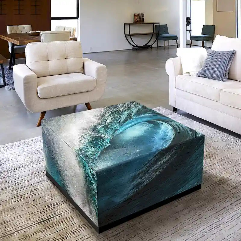 Table basse en verre artistique biseauté à impression inversée Saphir Océan avec piètement plinthe noir