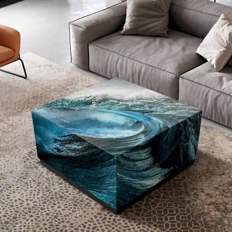 Table basse en verre artistique biseauté à impression inversée Saphir Océan avec piètement plinthe noir