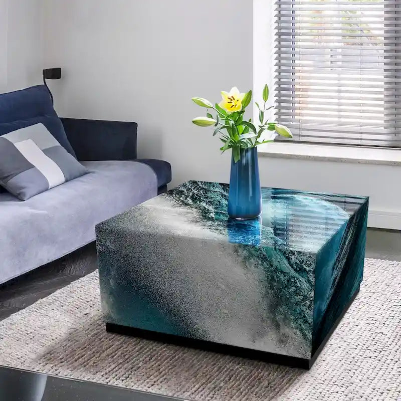 Table basse en verre artistique biseauté à impression inversée Saphir Océan avec piètement plinthe noir