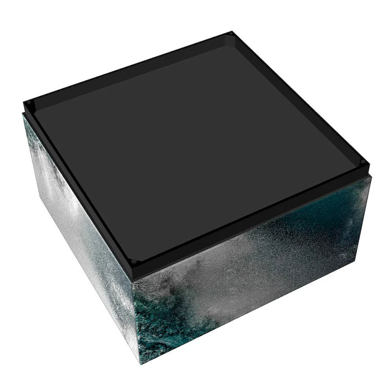 Table basse en verre artistique biseauté à impression inversée Saphir Océan avec piètement plinthe noir