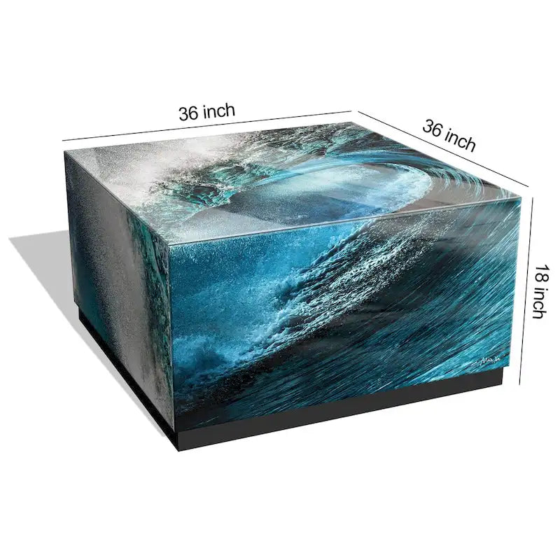 Table basse en verre artistique biseauté à impression inversée Saphir Océan avec piètement plinthe noir