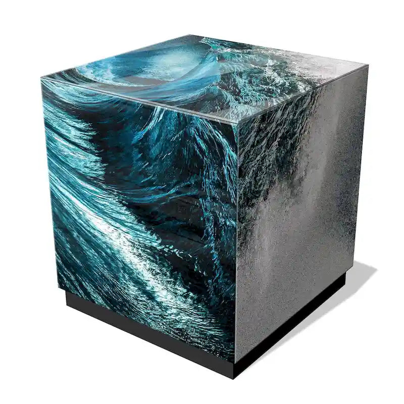 Table basse en verre artistique biseauté à impression inversée Saphir Océan avec piètement plinthe noir