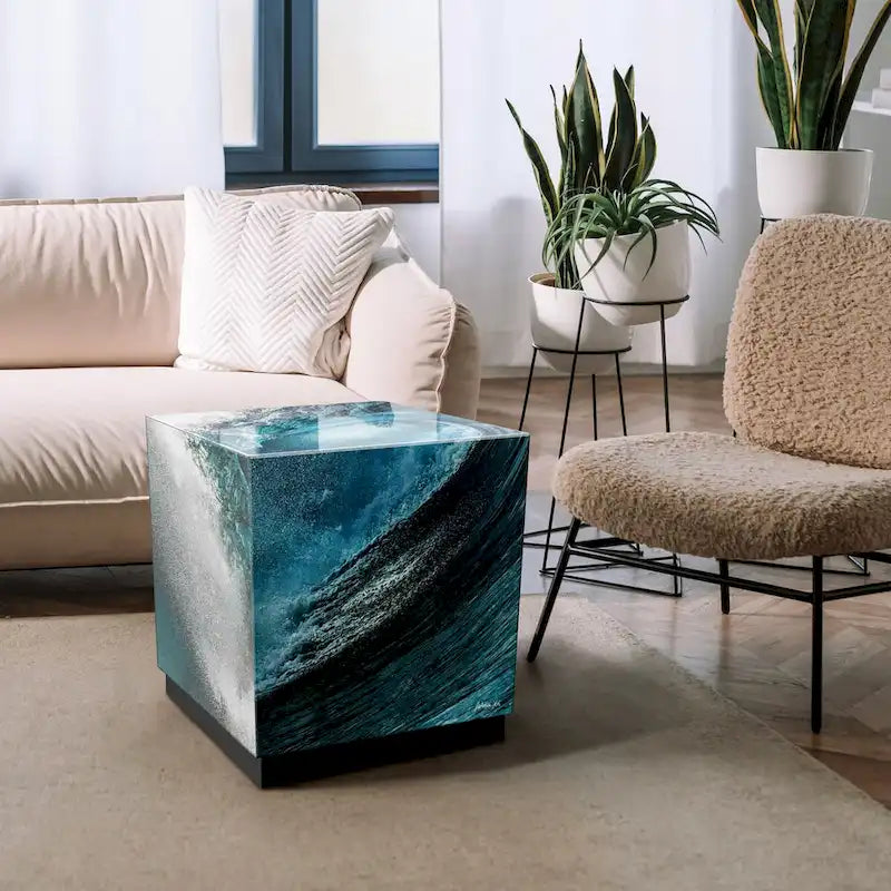 Table basse en verre artistique biseauté à impression inversée Saphir Océan avec piètement plinthe noir