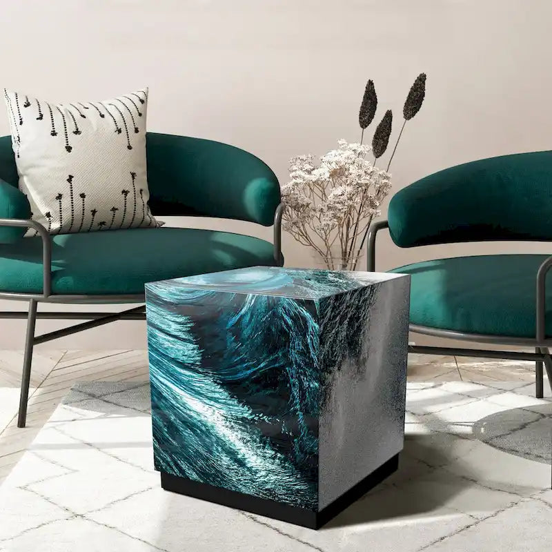 Table basse en verre artistique biseauté à impression inversée Saphir Océan avec piètement plinthe noir
