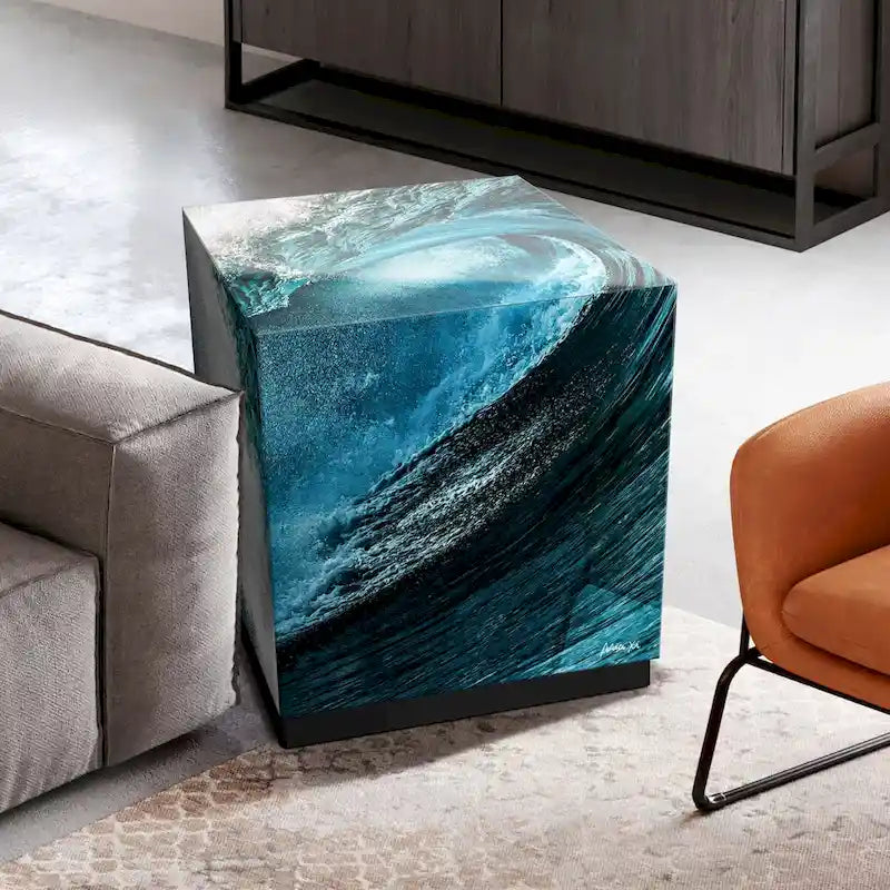 Table basse en verre artistique biseauté à impression inversée Saphir Océan avec piètement plinthe noir