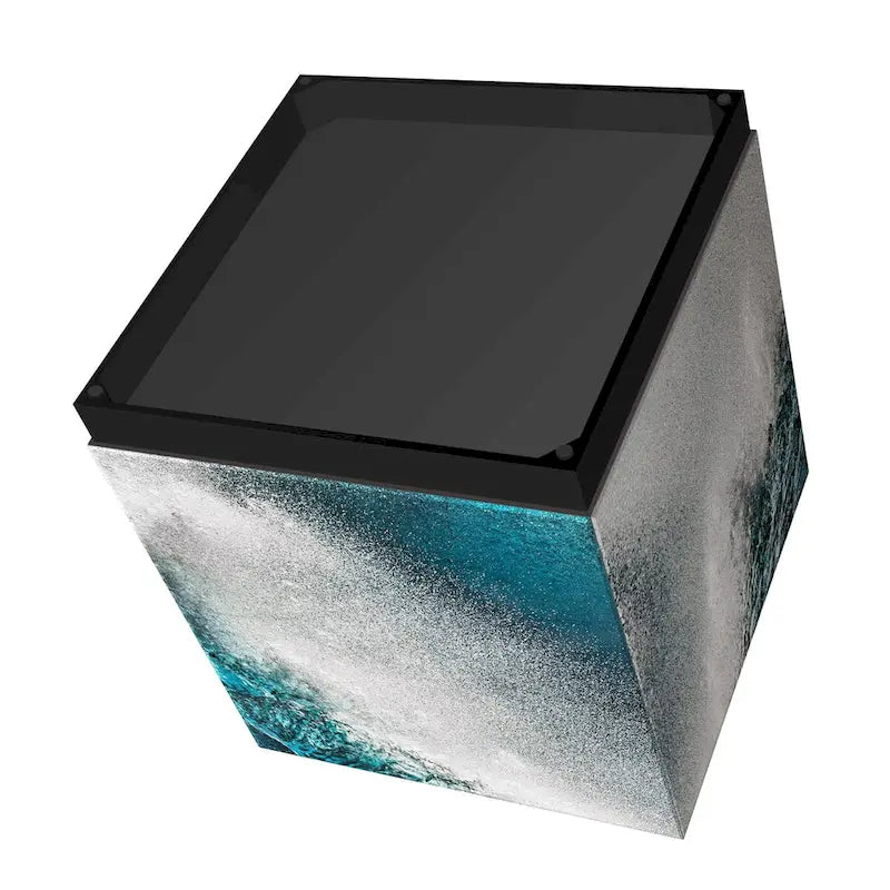 Table basse en verre artistique biseauté à impression inversée Saphir Océan avec piètement plinthe noir