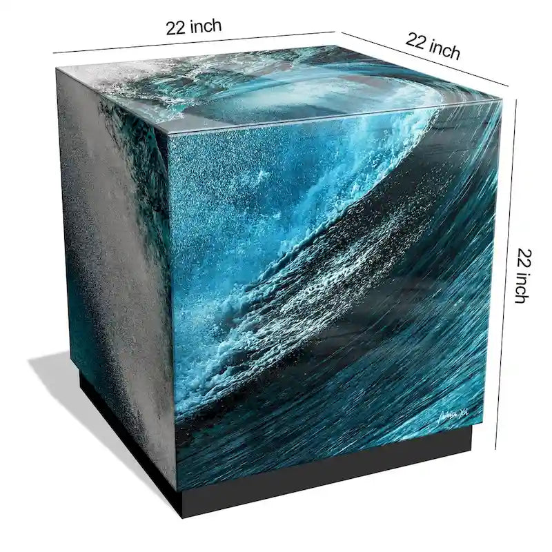 Table basse en verre artistique biseauté à impression inversée Saphir Océan avec piètement plinthe noir