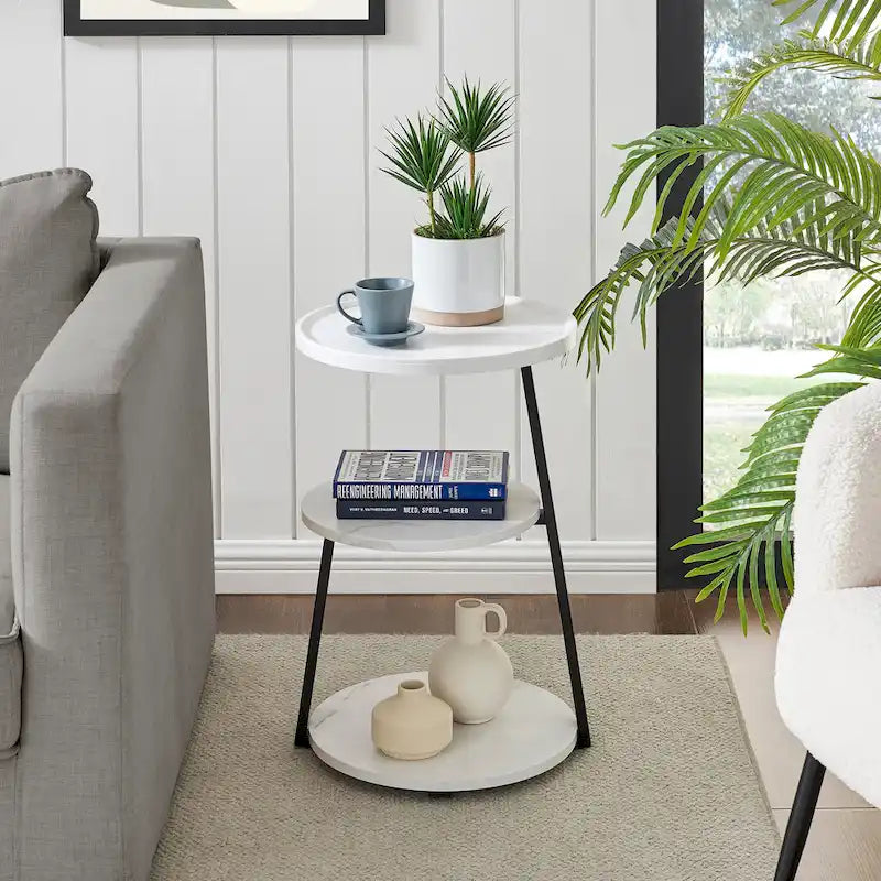 Table d'appoint Skylar à 3 niveaux avec plateau à rebord relevé et pieds asymétriques en métal de style moderne du milieu du siècle