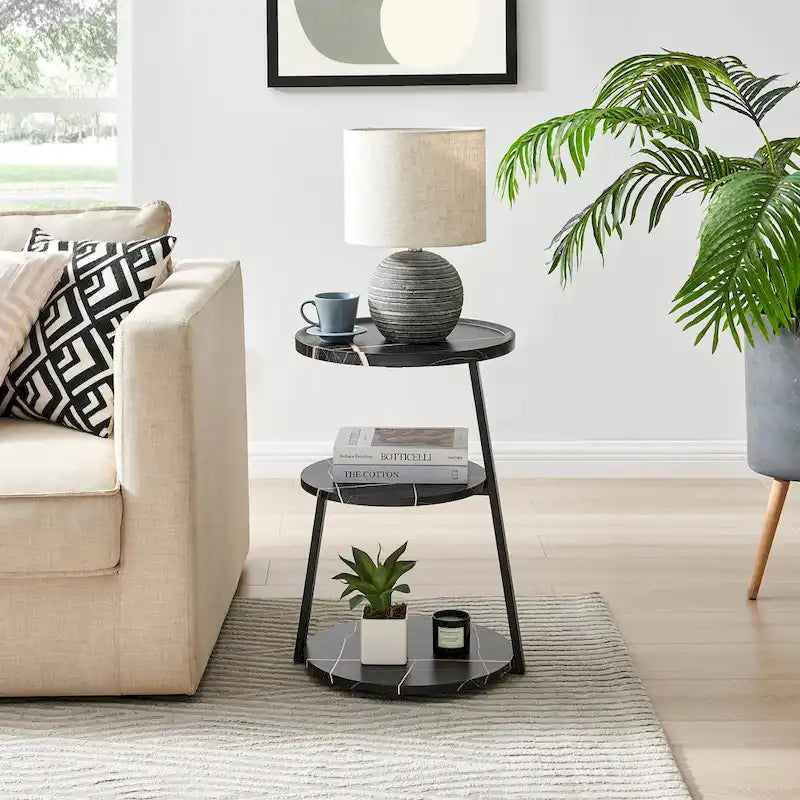 Table d'appoint Skylar à 3 niveaux avec plateau à rebord relevé et pieds asymétriques en métal de style moderne du milieu du siècle