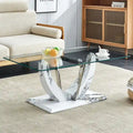 Table basse moderne minimaliste en verre trempé transparent avec pieds en MDF à motif marbre et colonnes décoratives en acier inoxydable