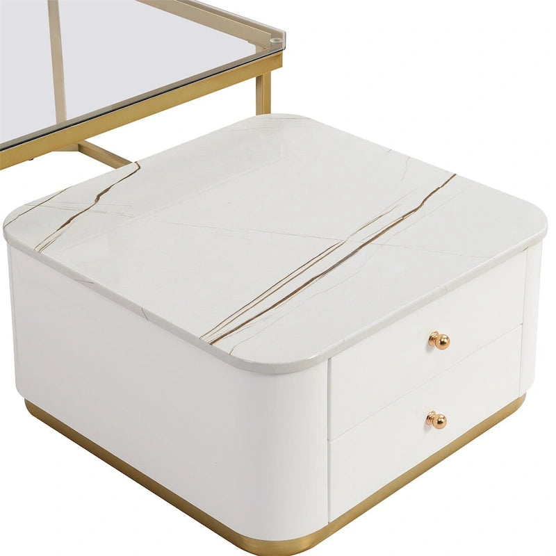 2 tables basses gigognes avec tiroirs et pieds dorés électroplaqués