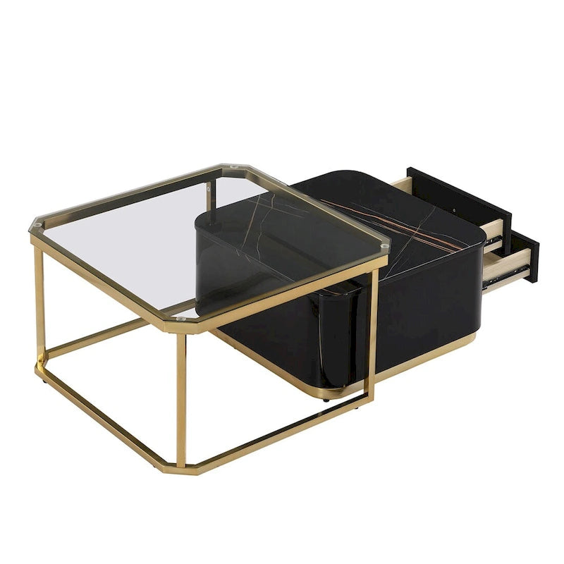 2 tables basses gigognes avec tiroirs et pieds dorés électroplaqués