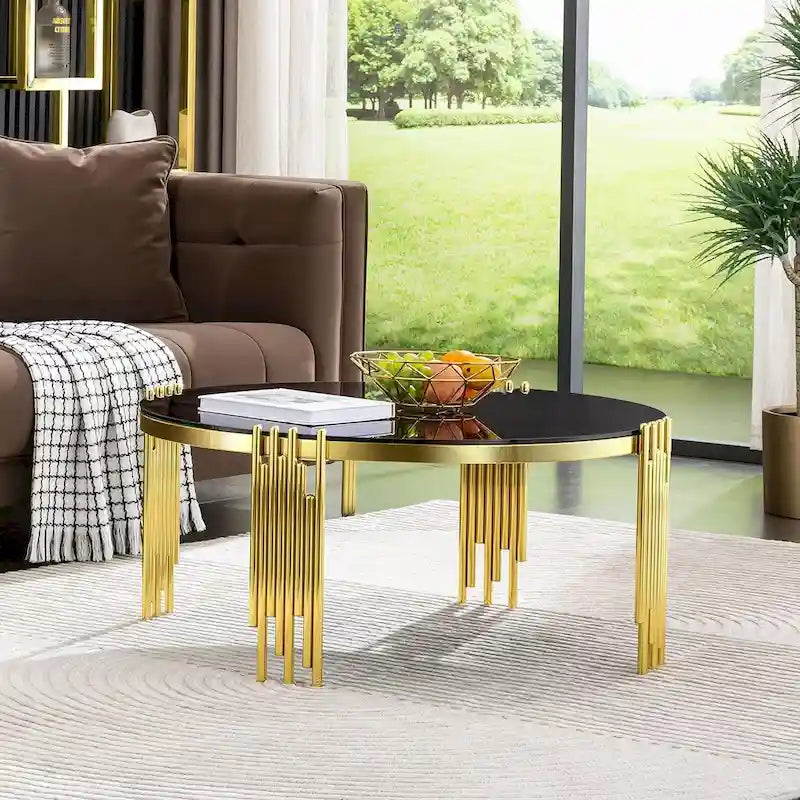 Table basse ronde moderne de 36 pouces avec plateau en verre trempé et pieds en forme de cloche polis