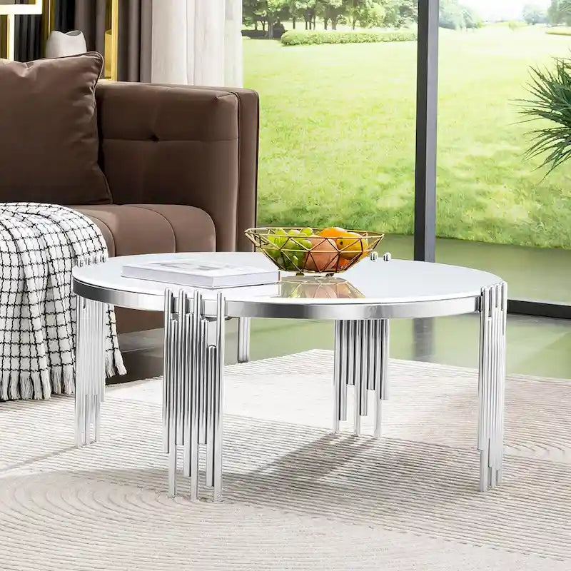 Table basse ronde moderne de 36 pouces avec plateau en verre trempé et pieds en forme de cloche polis