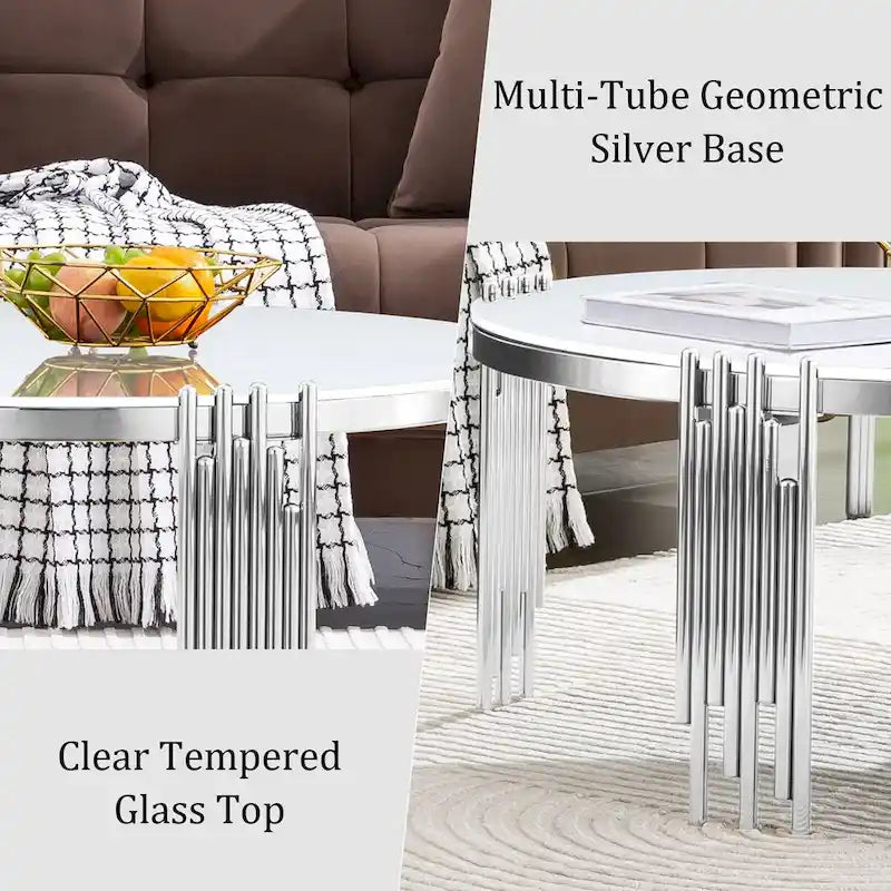 Table basse ronde moderne de 36 pouces avec plateau en verre trempé et pieds en forme de cloche polis