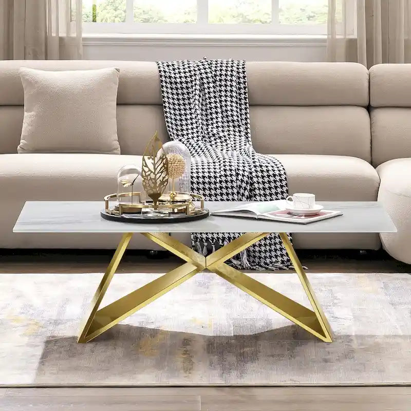 Table basse rectangulaire de luxe de 50 pouces en verre blanc avec base en miroir en forme de M