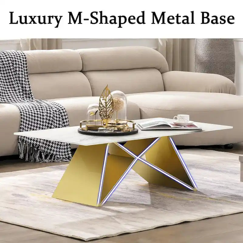 Table basse rectangulaire de luxe de 50 pouces en verre blanc avec base en miroir en forme de M