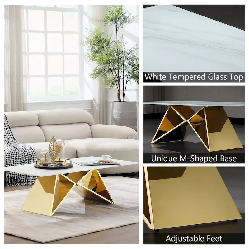 Table basse rectangulaire de luxe de 50 pouces en verre blanc avec base en miroir en forme de M
