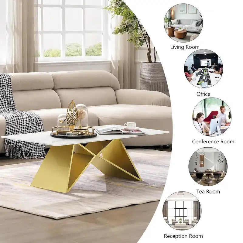 Table basse rectangulaire de luxe de 50 pouces en verre blanc avec base en miroir en forme de M