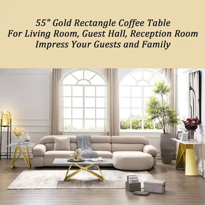 Table basse rectangulaire de luxe de 50 pouces en verre blanc avec base en miroir en forme de M