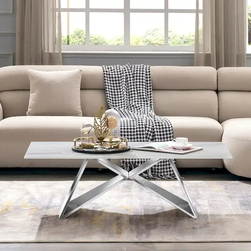 Table basse rectangulaire de luxe de 50 pouces en verre blanc avec base en miroir en forme de M