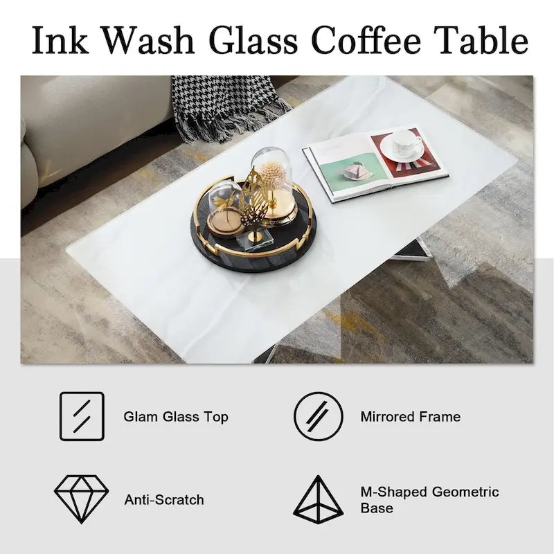 Table basse rectangulaire de luxe de 50 pouces en verre blanc avec base en miroir en forme de M