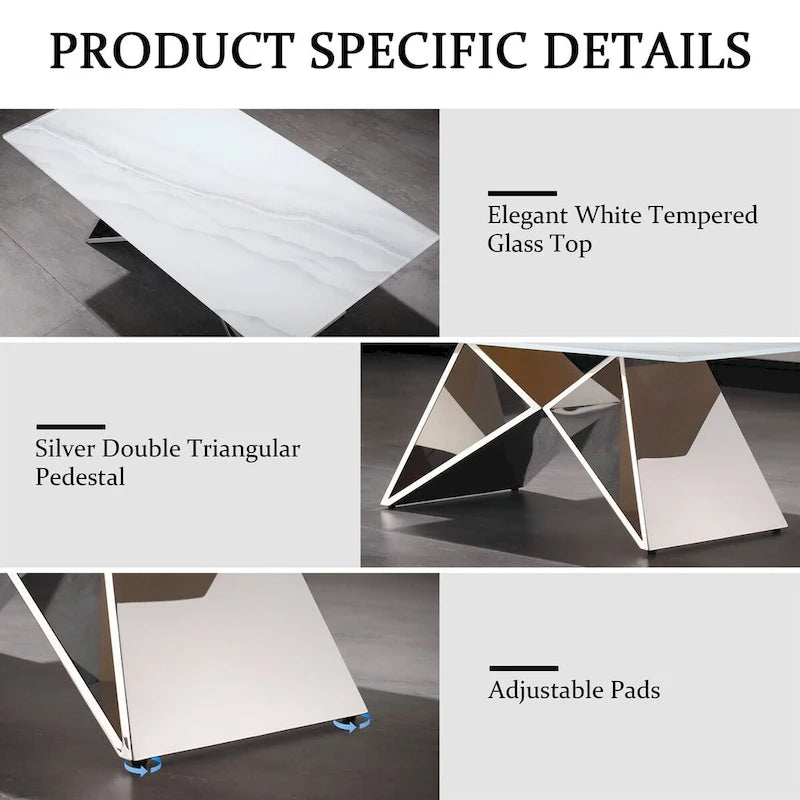 Table basse rectangulaire de luxe de 50 pouces en verre blanc avec base en miroir en forme de M