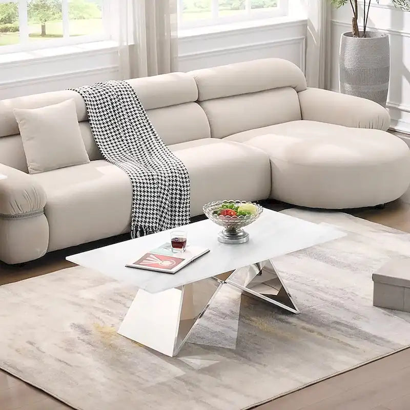 Table basse rectangulaire de luxe de 50 pouces en verre blanc avec base en miroir en forme de M