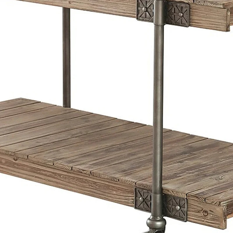 Table de canapé Loak de 47 po, design à lattes, 1 tablette, roulettes, marron, noir