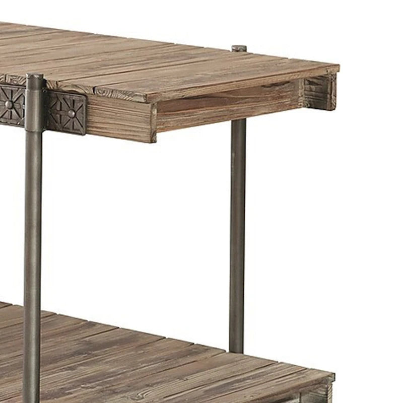 Table de canapé Loak de 47 po, design à lattes, 1 tablette, roulettes, marron, noir