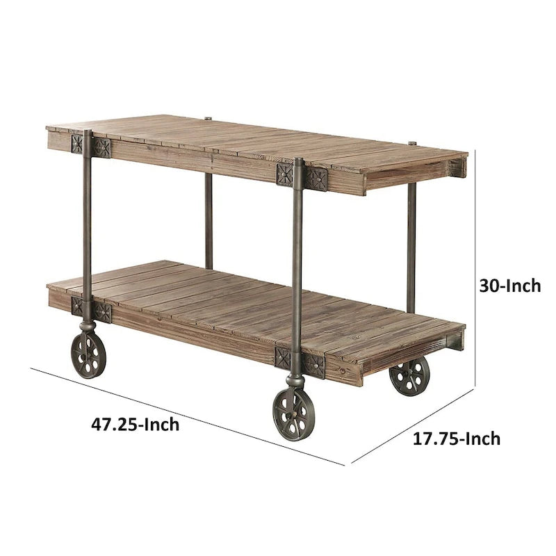 Table de canapé Loak de 47 po, design à lattes, 1 tablette, roulettes, marron, noir
