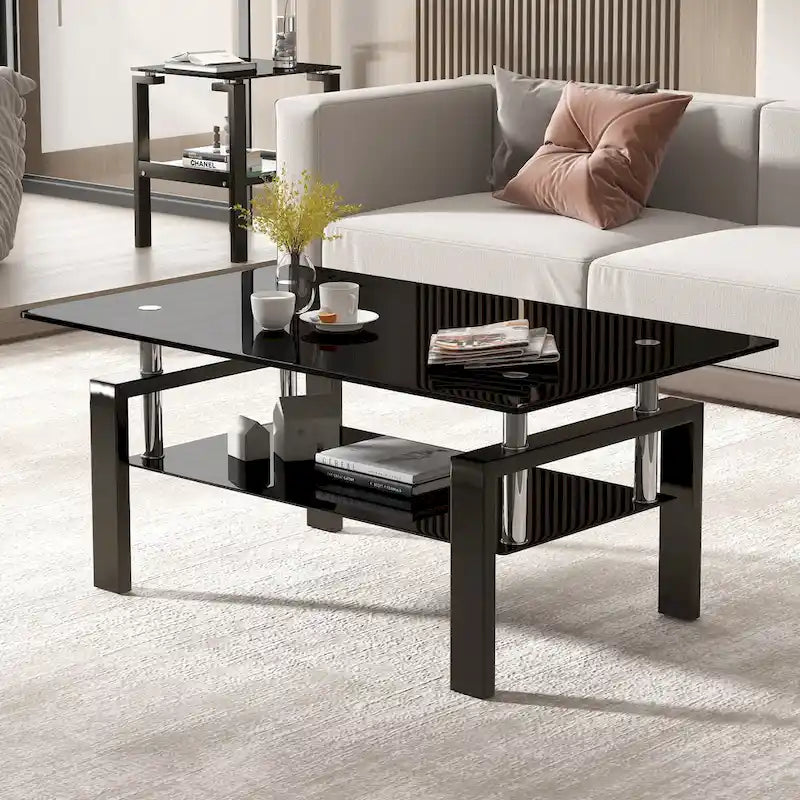 Table basse 2 plateaux en verre trempé clair