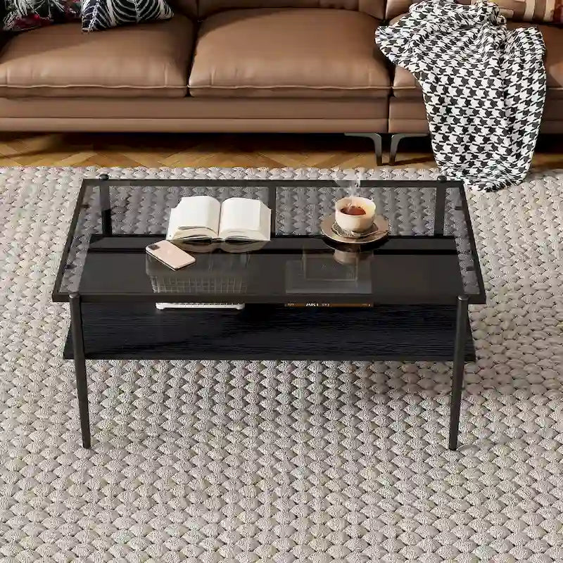 Table basse rectangulaire avec plateau en verre trempé, table moderne pour salon