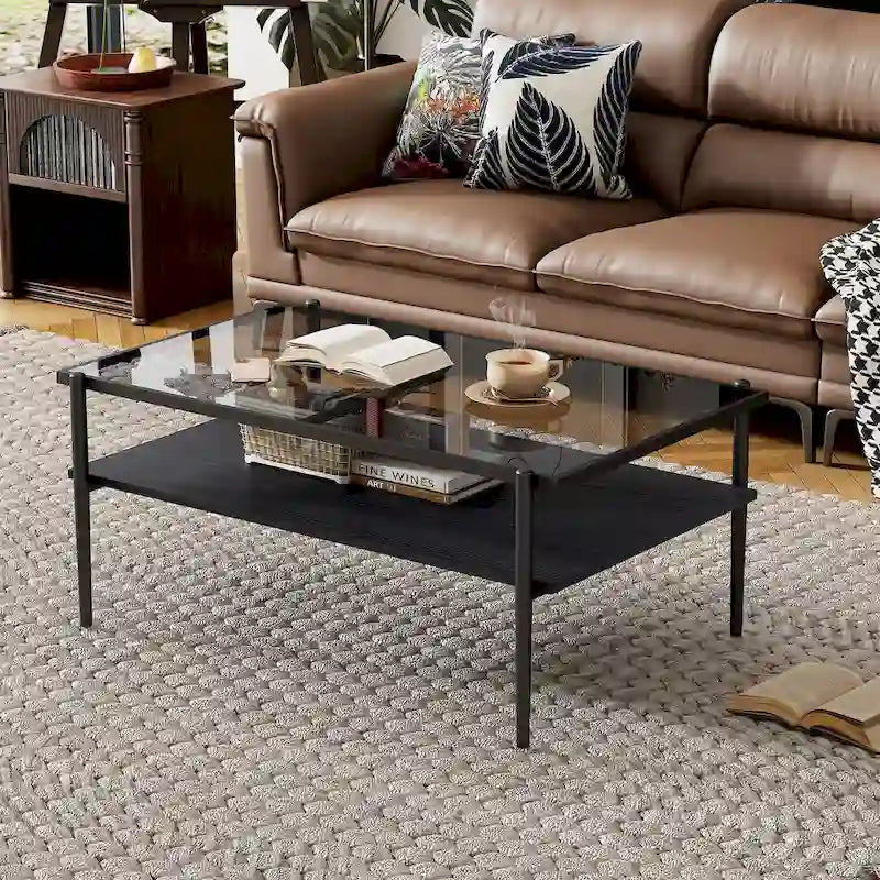 Table basse rectangulaire avec plateau en verre trempé, table moderne pour salon