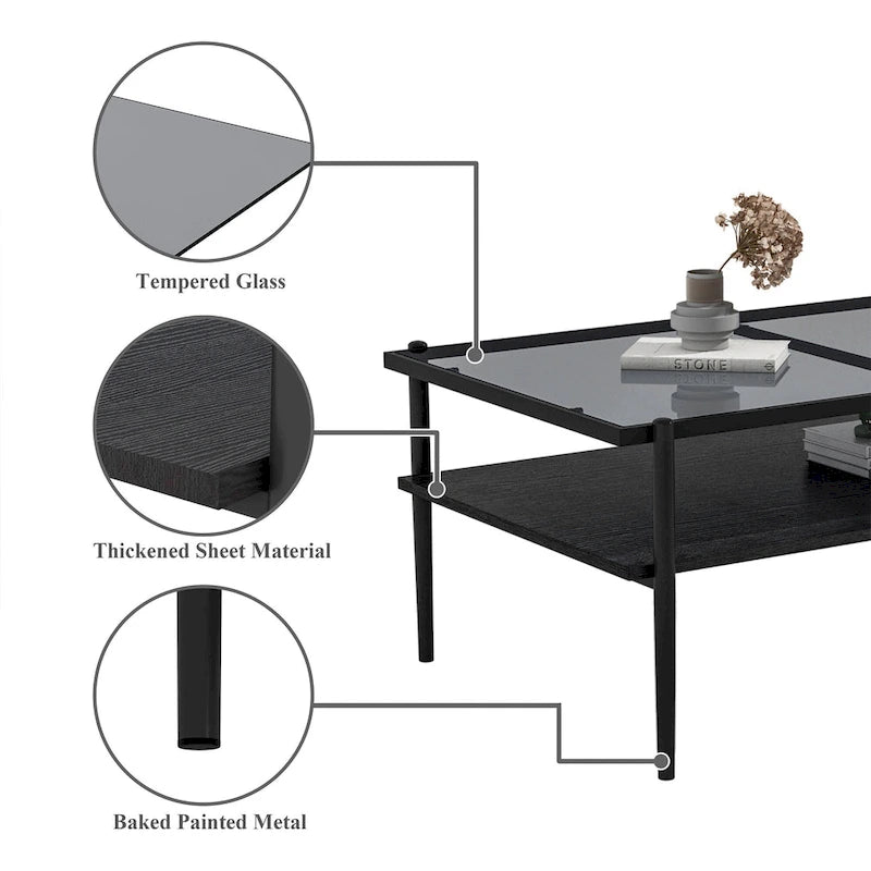 Table basse rectangulaire avec plateau en verre trempé, table moderne pour salon