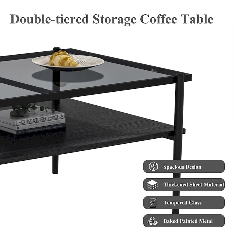 Table basse rectangulaire avec plateau en verre trempé, table moderne pour salon