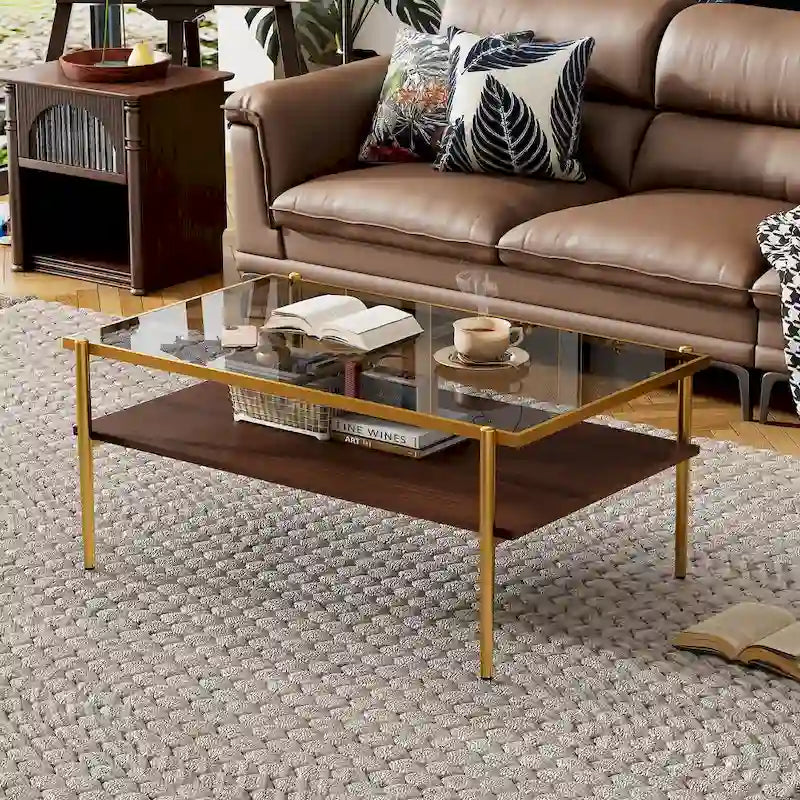 Table basse rectangulaire avec plateau en verre trempé, table moderne pour salon