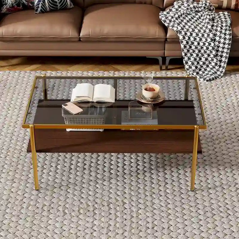 Table basse rectangulaire avec plateau en verre trempé, table moderne pour salon