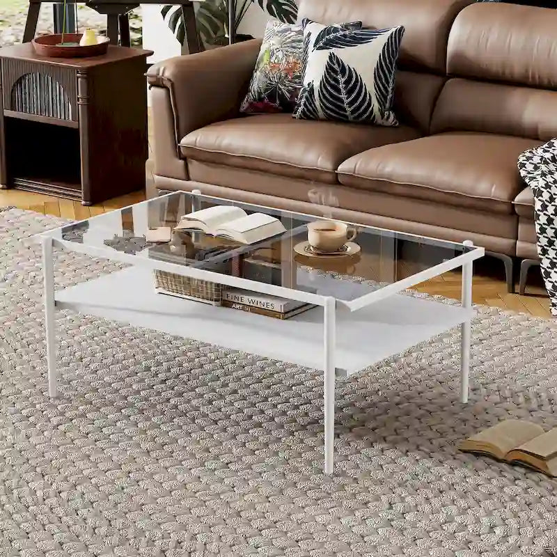 Table basse rectangulaire avec plateau en verre trempé, table moderne pour salon