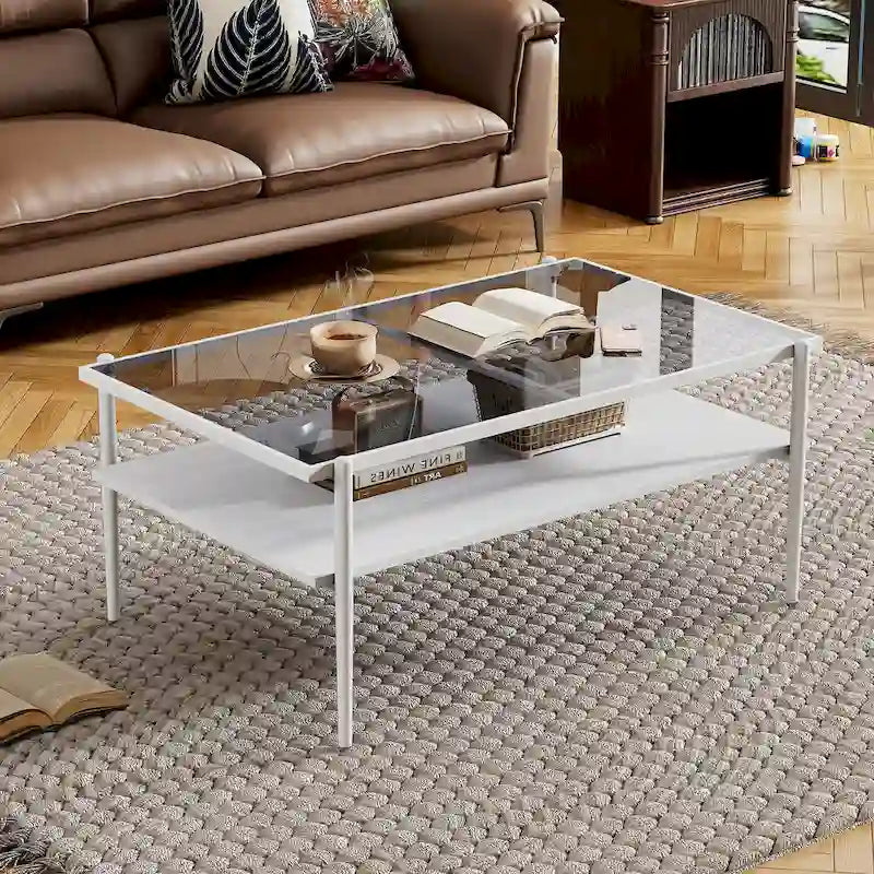 Table basse rectangulaire avec plateau en verre trempé, table moderne pour salon