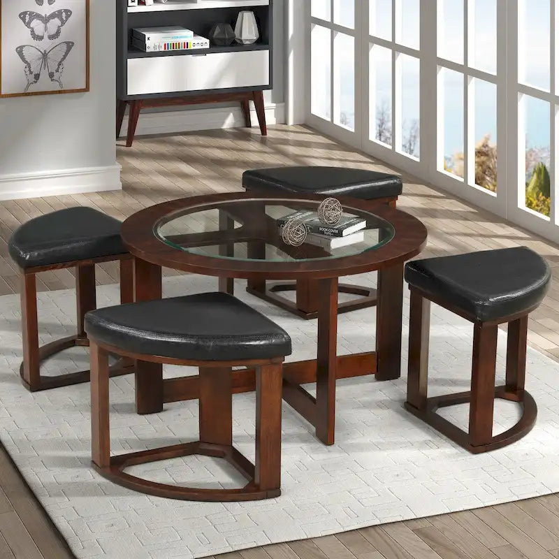 Ensemble table ronde en bois massif avec plateau en verre, table basse avec 4 tabourets