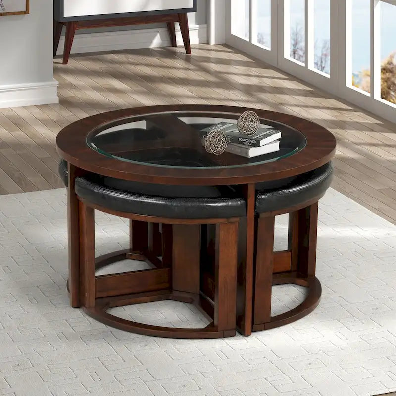 Ensemble table ronde en bois massif avec plateau en verre, table basse avec 4 tabourets