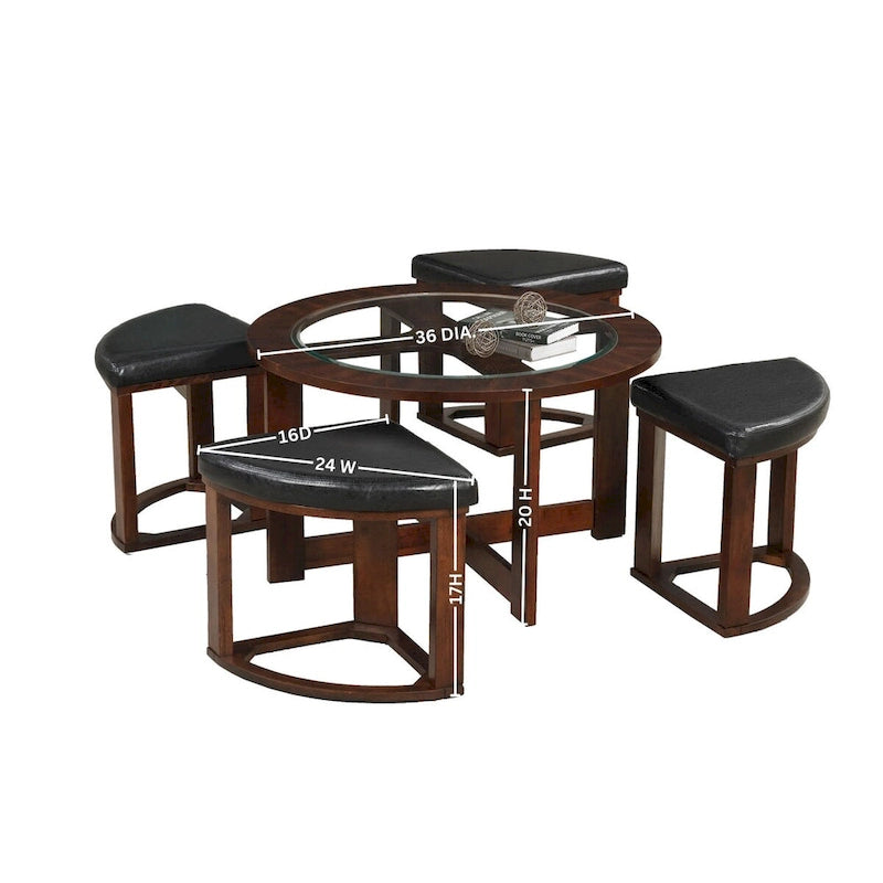 Ensemble table ronde en bois massif avec plateau en verre, table basse avec 4 tabourets